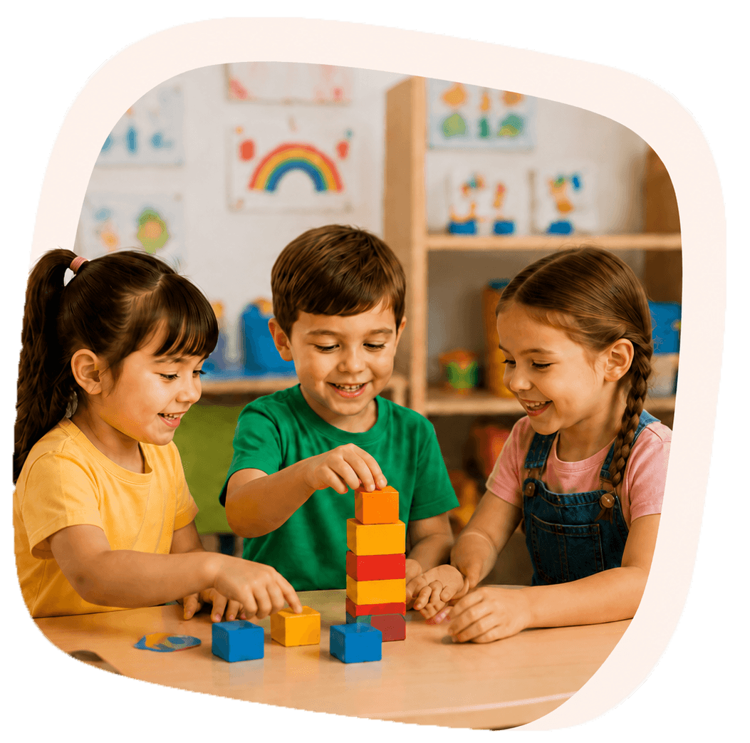 Three preschool children smiling and building with colorful blocks