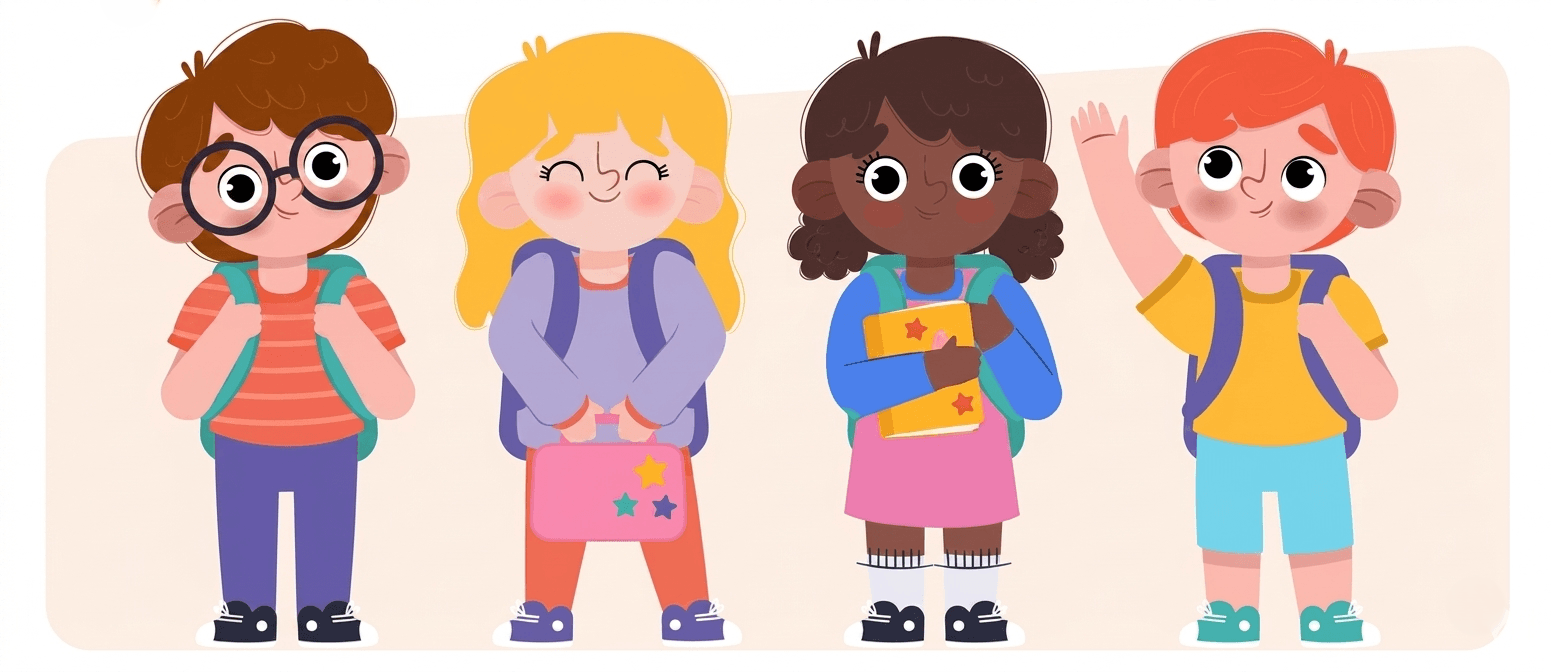 Four smiling preschool children wearing backpacks